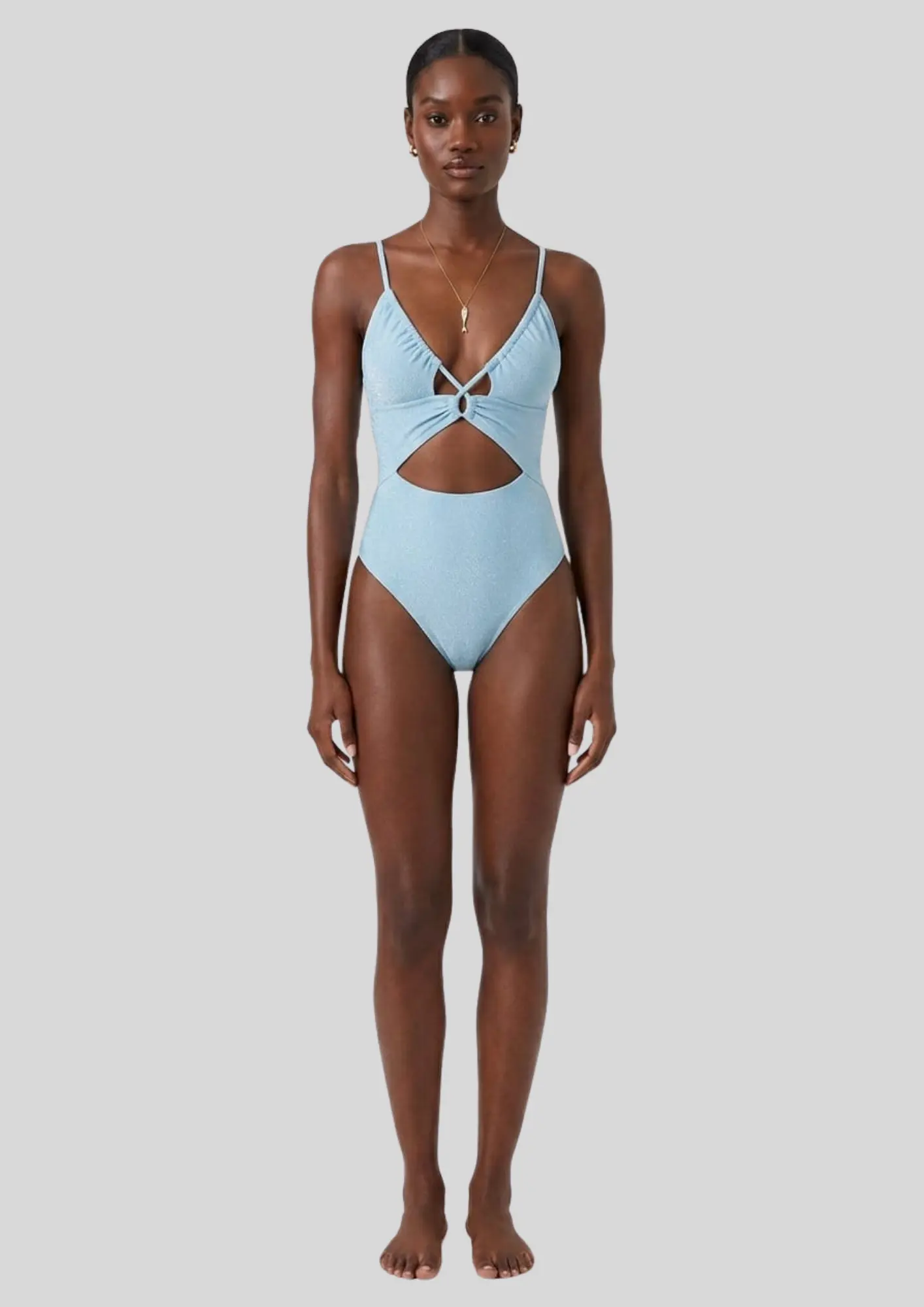 Ribbed V Neck Ring Detail Cut Out Swimsuit