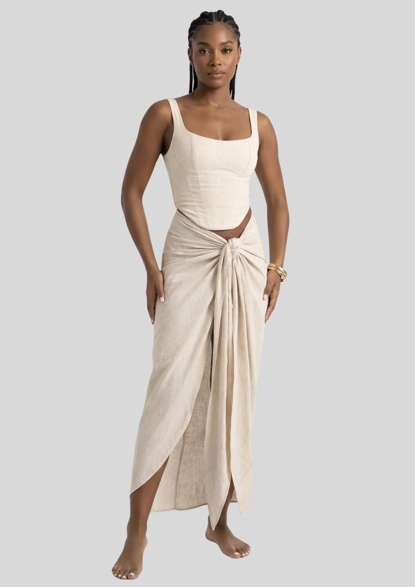 Linen Corset Top with Draped Wrap Skirt